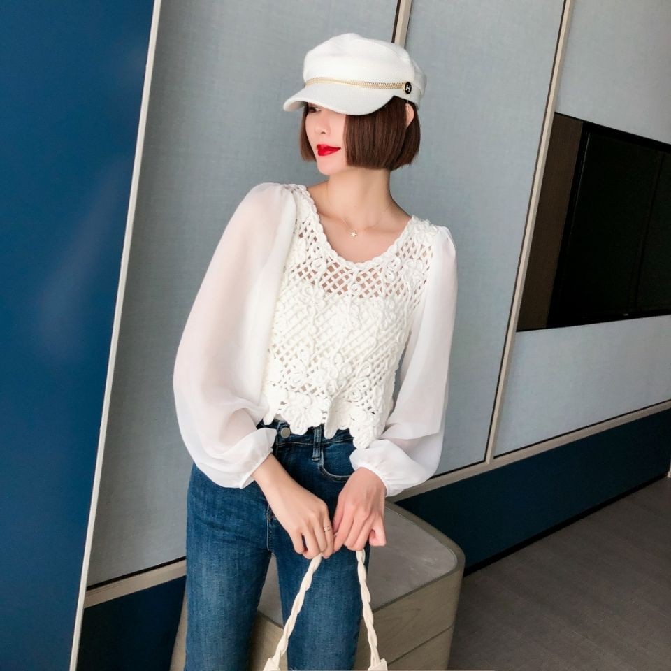 Spot sale2021 autumn white shirt female design sense niche new French style hollow stitching short long-sleeved top