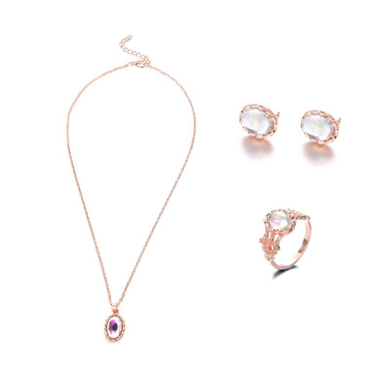 Bộ nhẫn + dây chuyền + đôi bông tai đính đá thạch anh thời trang làm quà tặng ngày cưới