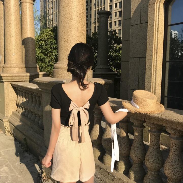 Áo Thun COZOK Ngắn Tay Hở Lưng Thắt Nơ Xinh Xắn Thời Trang Cho Nữ