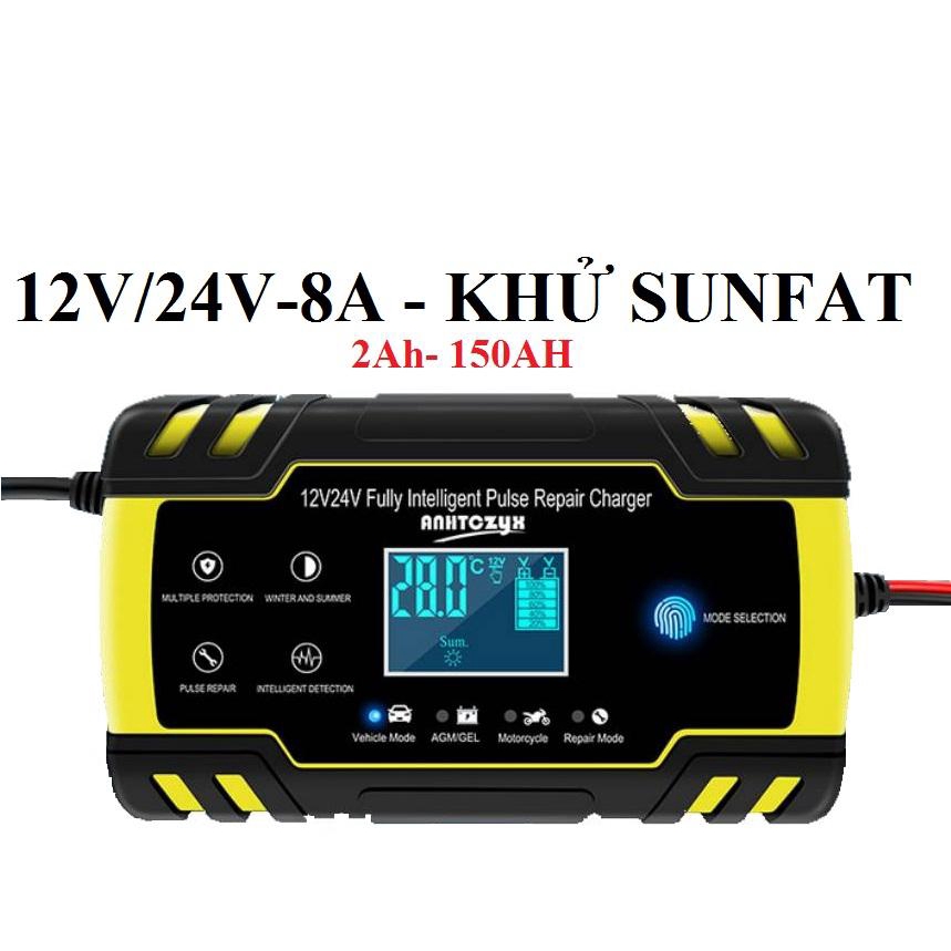 Bộ sạc bình ắc quy thông minh 12V-24V ( 6Ah-150Ah)có khử sunfat bảo dưỡng phục hồi ắc quy thông minh tự ngắt khi đầy