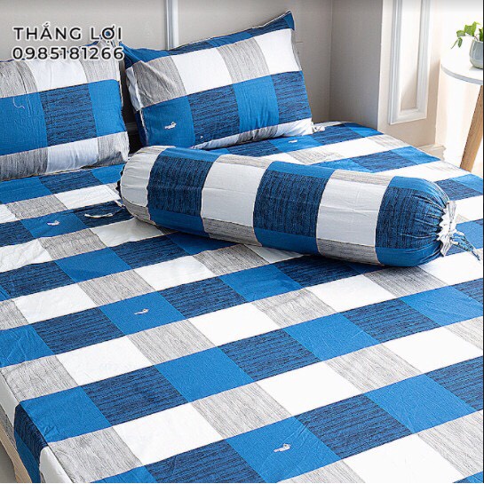 Drap Cotton 100% Thắng Lợi chính hãng Mẫu Ô Vuông Xanh Dương IN LOGO THẮNG LỢI vệ sinh dễ dàng.