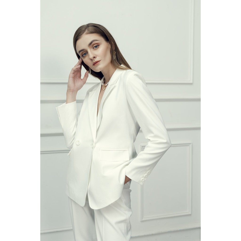 Set Suit Áo Blazer 2 Khuy Tay Dài Và Quần Tây Ống Đứng ONMIX, Trắng Trơn, Vải Tuytsi Nhập Cao Cấp