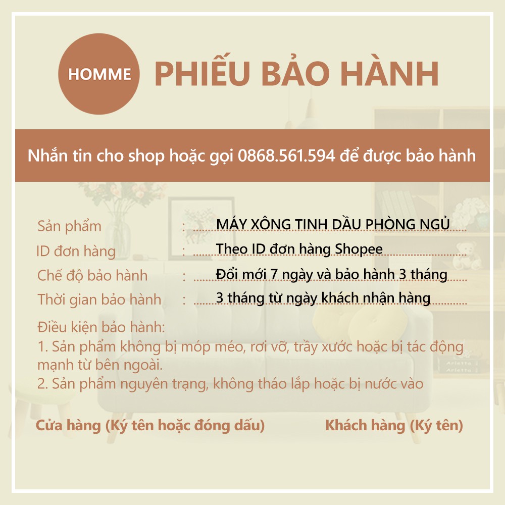 Máy xông tinh dầu phòng ngủ HOMME làm thơm phòng có đèn LED thay đèn ngủ