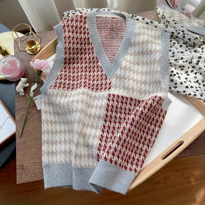 Áo gile len kẻ ô vuông style Hàn_Xưởng May Quang Anh