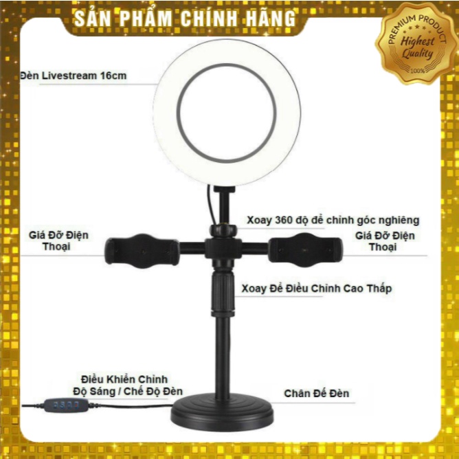 Đèn Livestream 3 in 1 Tích Hợp Giá Đỡ 2 Điện Thoại, Có 3 Chế Độ Sáng, Kẹp Điện Thoại Để Bàn Quay Video