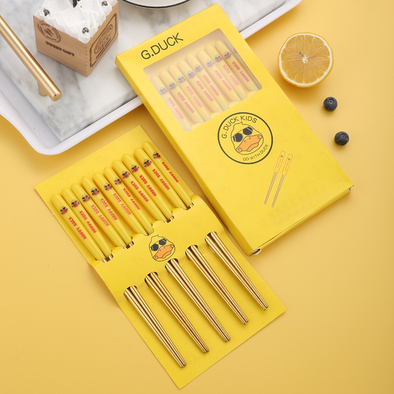 Hộp đũa vịt vàng inox 5 đôi chống trượt chịu nhiệt tốt