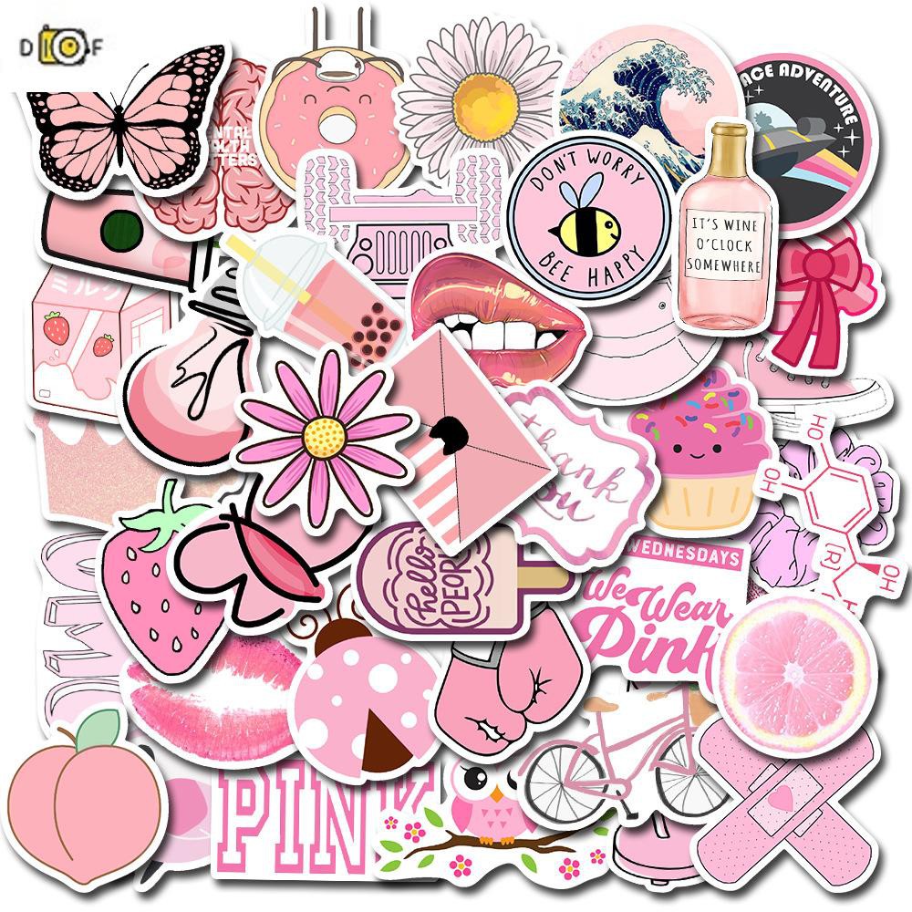 Bộ 50 miếng dán trang trí laptop màu hồng xinh xắn đáng yêu
