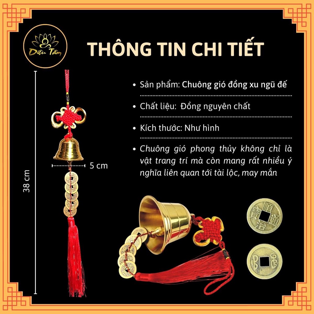 Chuông gió phong thủy đồng xu ngũ đế bằng đồng nguyên chất, đồ thờ cúng, đồ phong thủy.