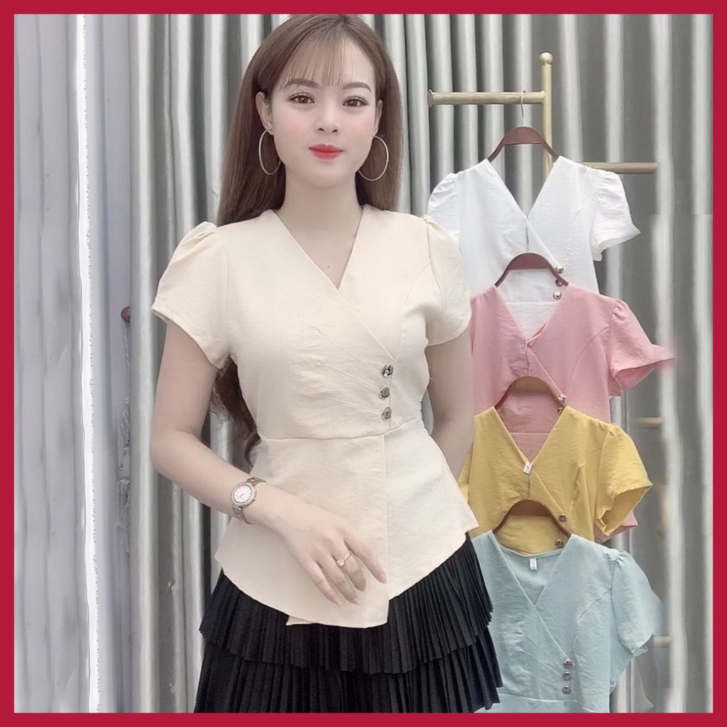 Áo sơ mi nữ kiểu tay ngắn cổ V công sở - 5 Màu: Trắng, Xanh, Hồng, Vàng, Be - A9 - Hanlly Fashion Thời Trang Nữ