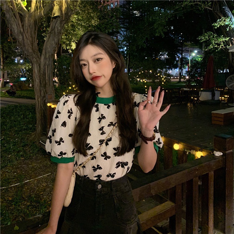 Áo thun ZHELIHANGFEI tay phồng ngắn dáng rộng in hình nơ thời trang hè mới 2022 cho nữ
