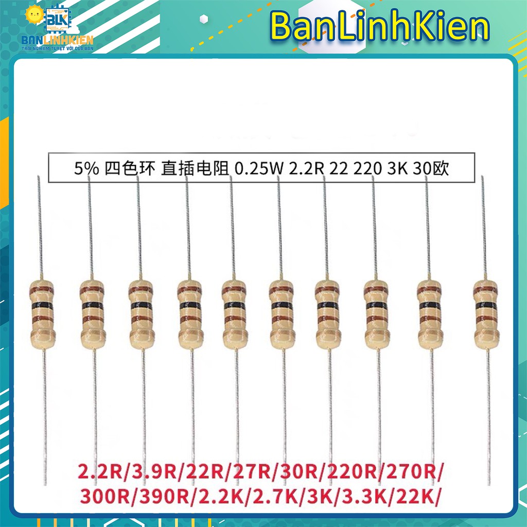 Bộ 50 Con Điện Trở Vạch 1/4W 5% 1R-910R | BigBuy360 - bigbuy360.vn