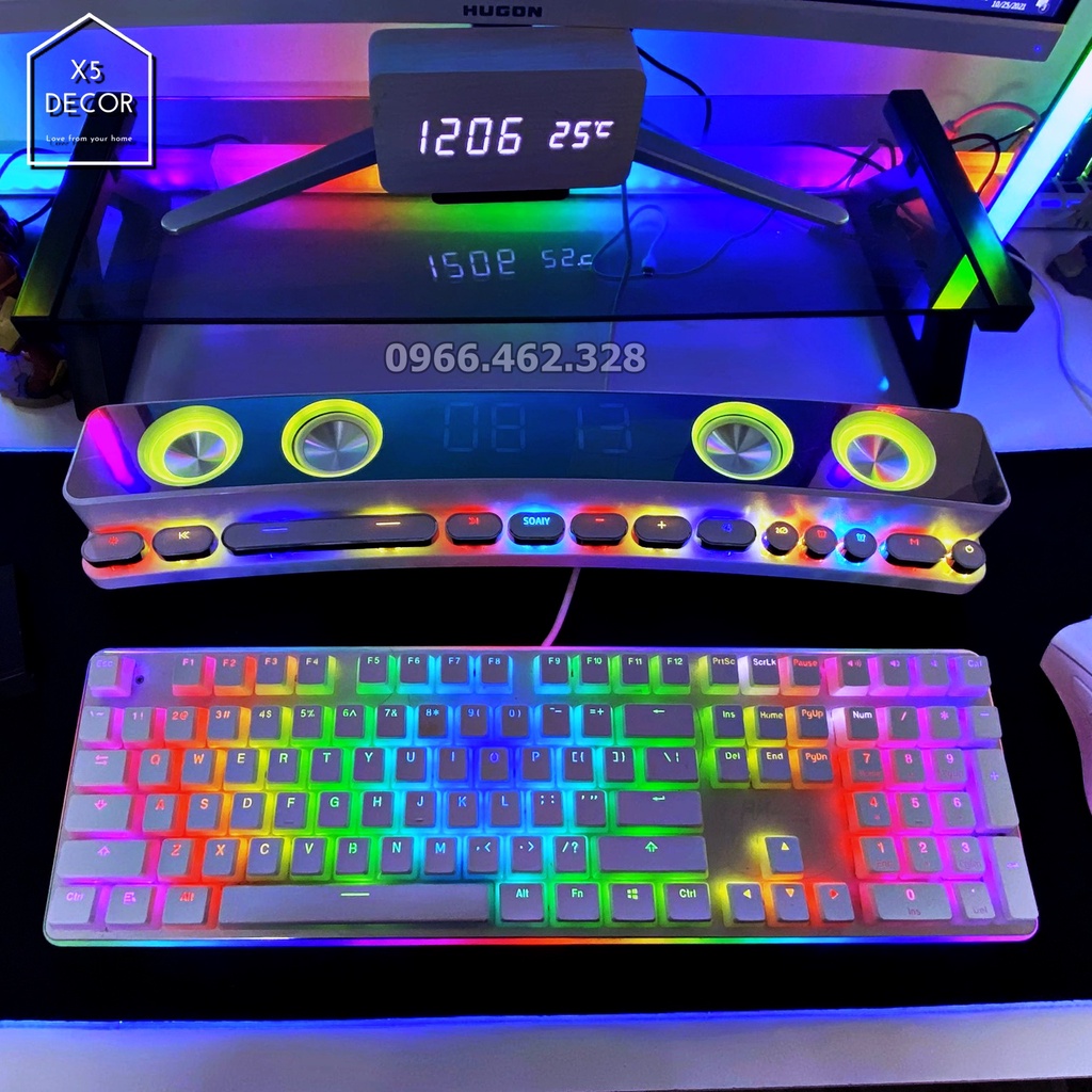 Loa Led RGB Gaming Máy Tính Soaiy SH39 - Bàn Phím Cơ Viền Bạc, Đồng Hồ Gương, Loa Bluetooth LED RGB - BẢO HÀNH 12 THÁNG