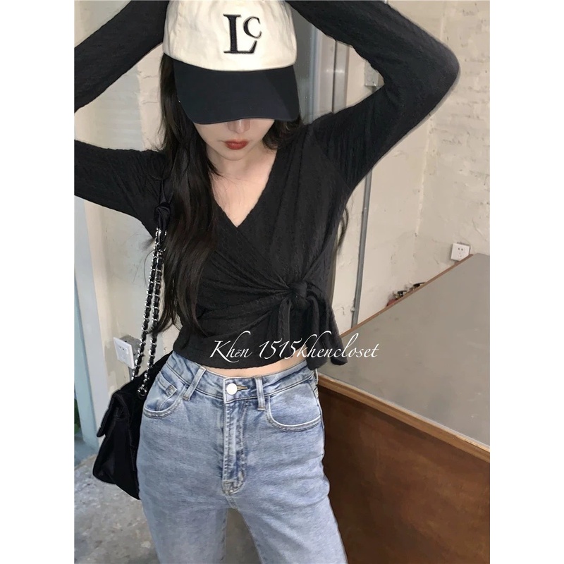 Áo tay dài cổ V cột nơ chéo