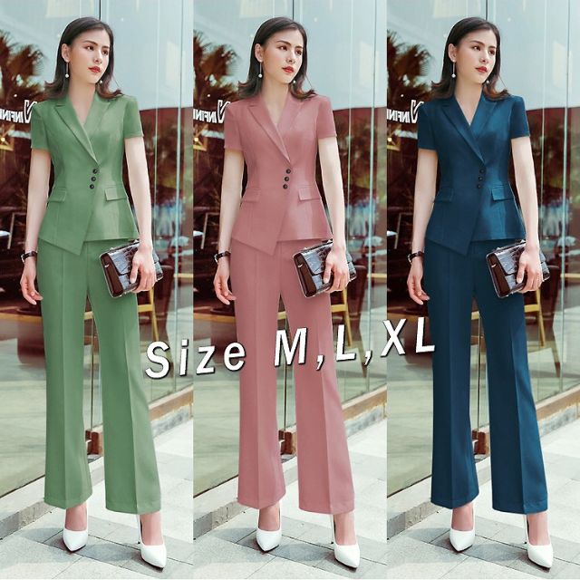Set nguyên bộ vest quần ống suông 2 túi giả xinh xắn