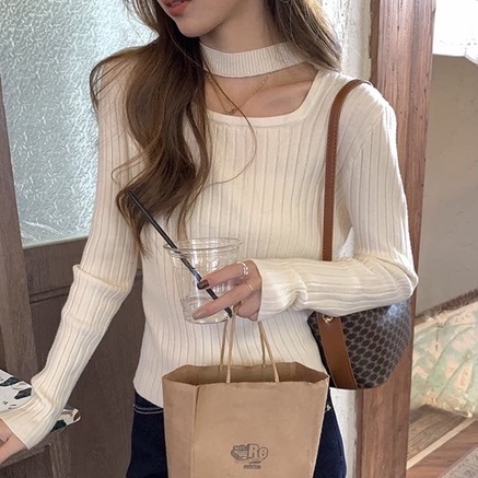 Áo Len Dài Tay Cổ Vuông Vòng Cổ Gân Đũa Dày Mịn