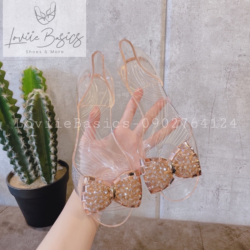 LOVIIE BASICS - GIÀY BÚP BÊ NỮ THỜI TRANG ĐI MƯA ĐẾ NHỰA TRONG NƠ XOÀN ĐÁ BÍT HẬU KHOÉT EO HÔNG ĐẾ BỆT B210518