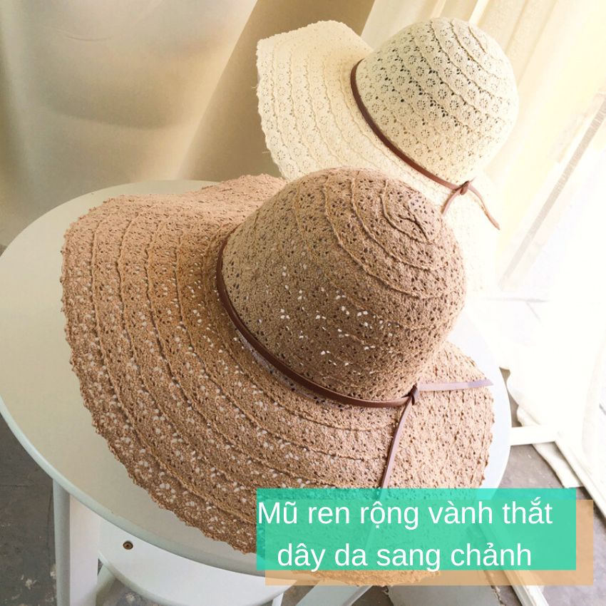 Mũ ren rộng vành thắt dây da sang chảnh