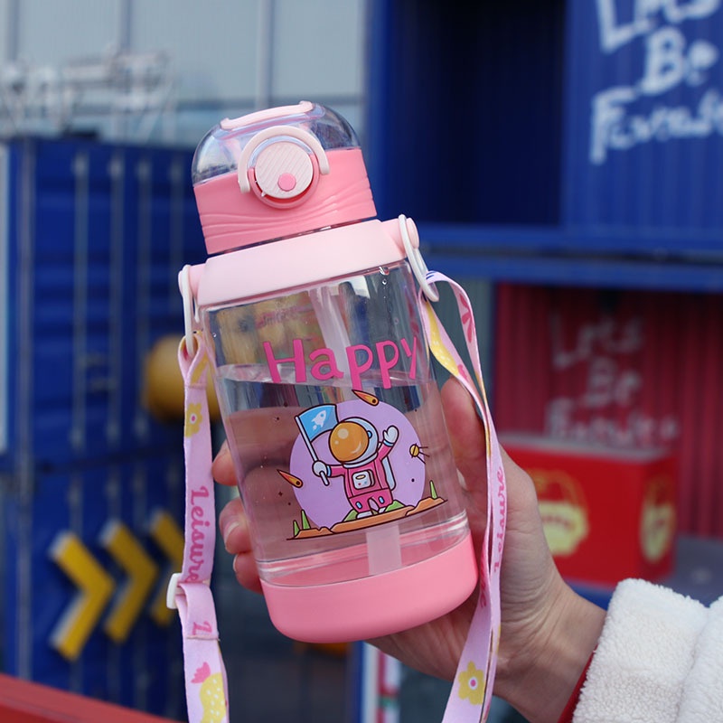 Bình Đựng Nước Happy Dễ Thương Có Vạch Báo Giờ Uống Nước bé đi học