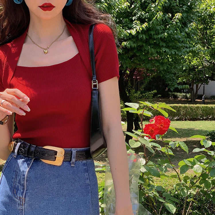 Áo Dệt Kim Tay Ngắn Trễ Vai Phong Cách Retro Hong Kong Cho Nữ