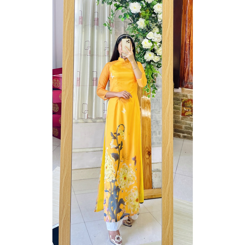 Áo dài Tết tơ 4 tà HOA SEN dài dáng truyền thống - Áo dài HOA CÚC TẾT
