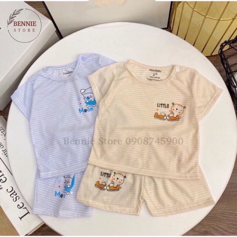 Bộ ngắn tay cho bé (4-14kg) BENNIE STORE Bộ cộc tay cotton giấy cài vai kẻ ngang Noubaby