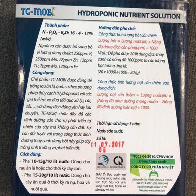 [SIEURE] Hộp dinh dưỡng thủy canh dạng bột TC-Mobi gói 500g hàng đẹp, phân phối chuyên nghiệp.