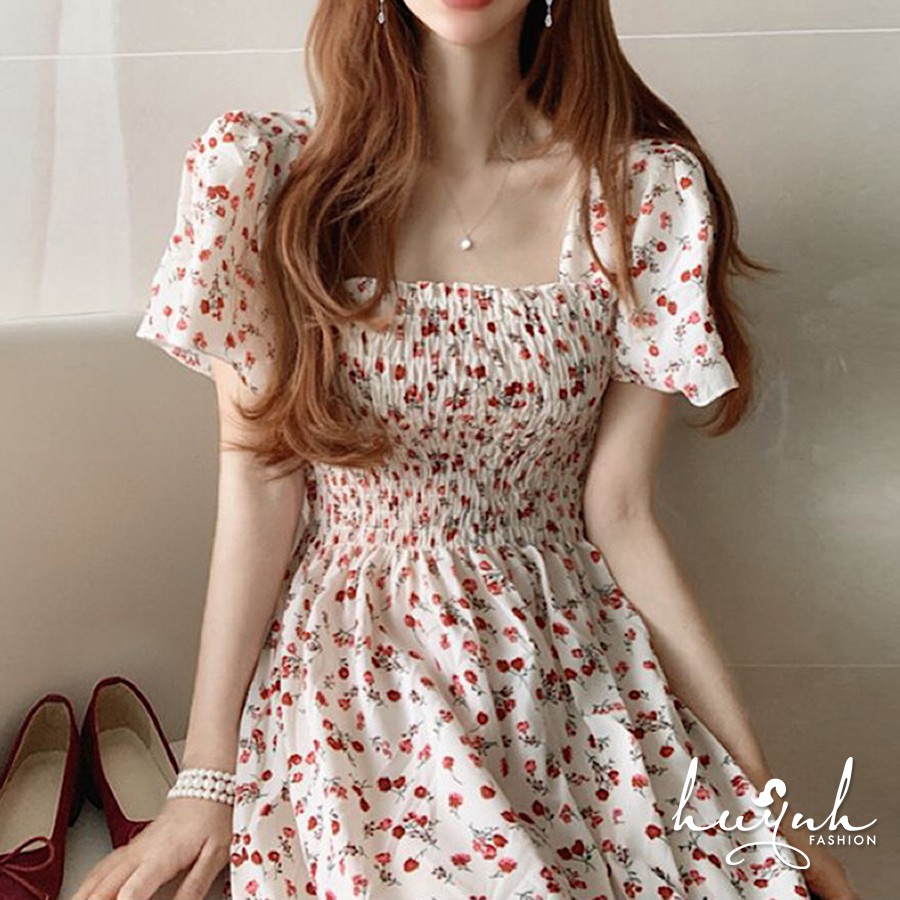 Đầm hoa cổ vuông tay ngắn xếp ly - DDTN01