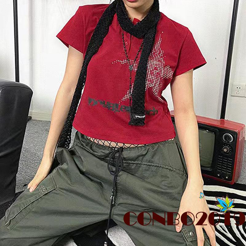 Áo Thun Crop Top Nữ Tay Ngắn In Hình Ngôi Sao