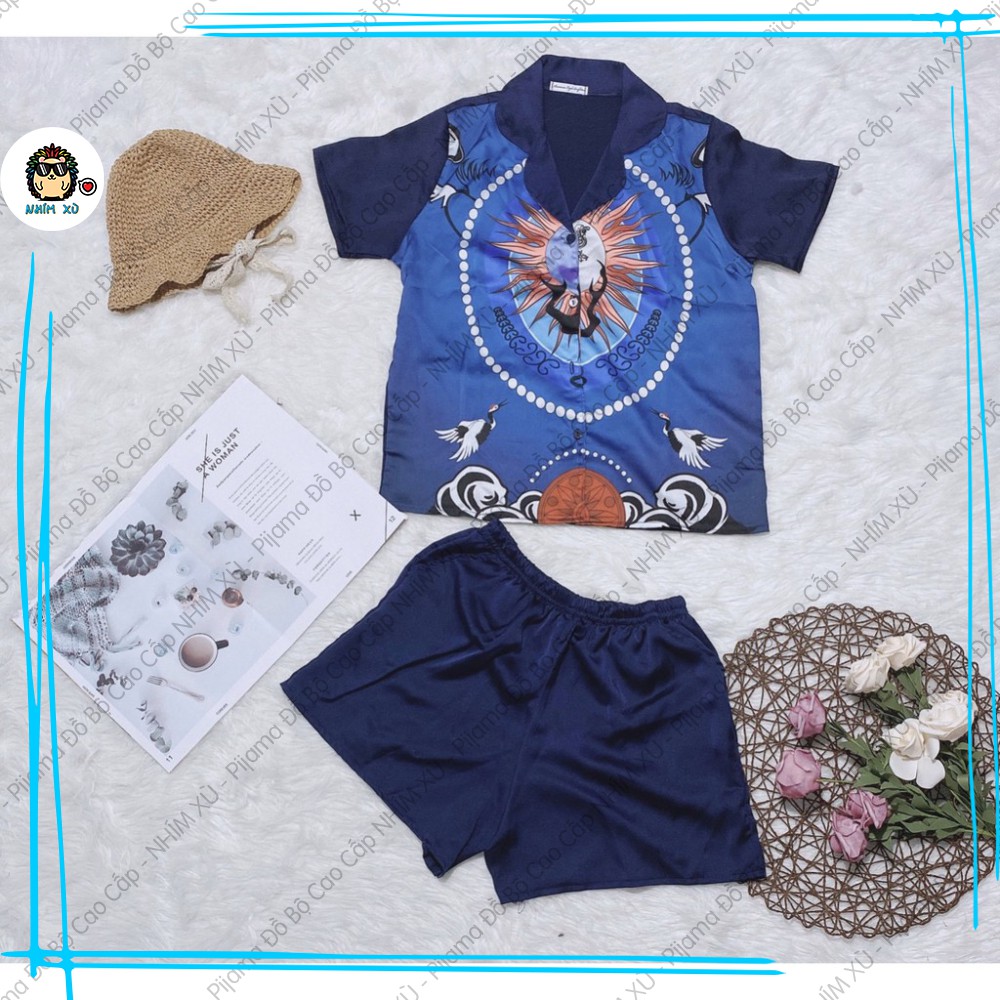 Đồ Bộ Ngủ Pijama Mặc Nhà Quần Đùi Áo Ngắn Tay Vải Satin Cao Cấp phối họa tiết mặt trời phong cách nghệ thuật lập thể | BigBuy360 - bigbuy360.vn