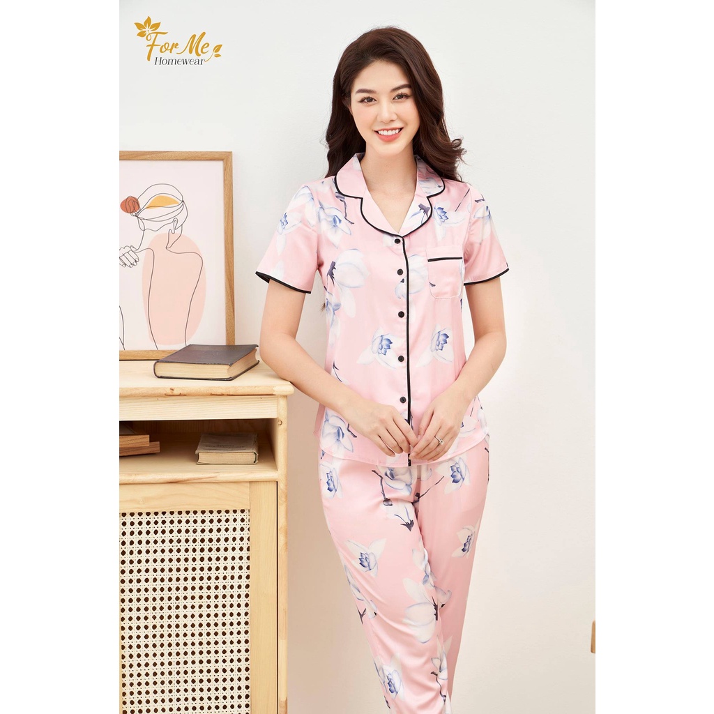 Bộ đồ ngủ họa tiết hoa sen 10 dễ thương chất Lụa Giấy Luxury, forme pijama