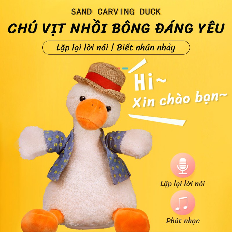 Đồ chơi chú vịt con nhồi bông biết nói, lặp lại theo lời nói, có thể sạc pin cổng sạc USB thông dụng nhún nhảy theo nhạc