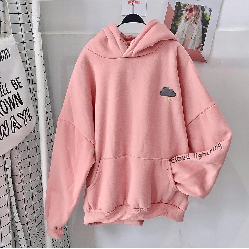 Áo hoodie vải nỉ lót bông dày dặn thêu đám mây hồng