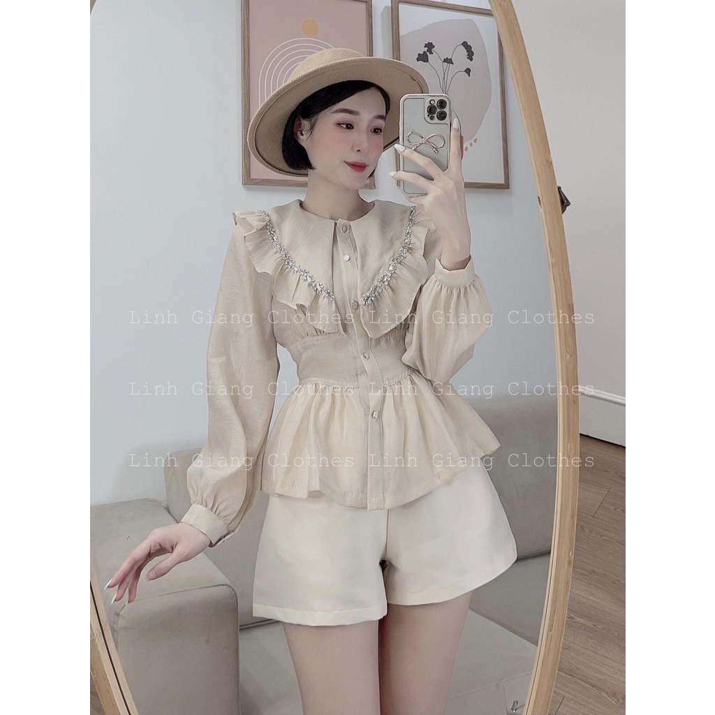 SET ÁO PEPLUM NUDE CỔ BÈO BO EO + SHORT