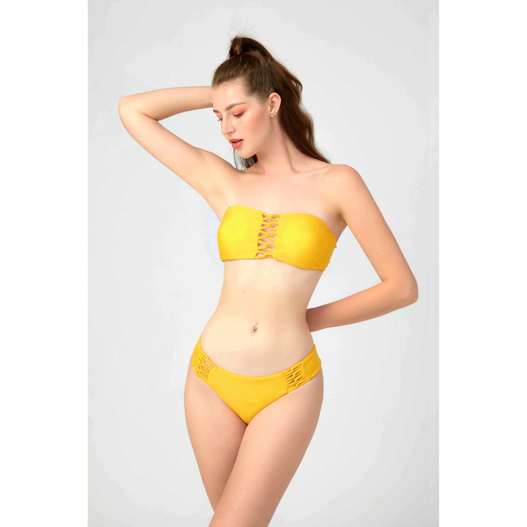 Đồ bơi Nữ BIKINI PASSPORT kiểu Hai mảnh quần đan dây, áo chéo cổ- màu Vàng - BS380_YL