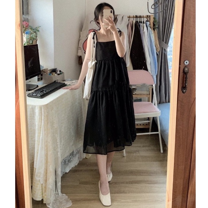 Đầm - váy hai dây voan tơ buộc nơ vai 2 lớp phong cách ulzzang Hàn Quốc
