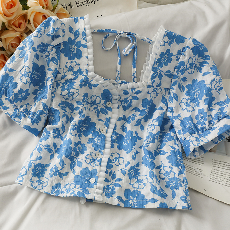 Áo Kiểu Tay Ngắn Cổ Vuông Hoạ Tiết Hoa Thiết Kế Thanh Lịch | BigBuy360 - bigbuy360.vn