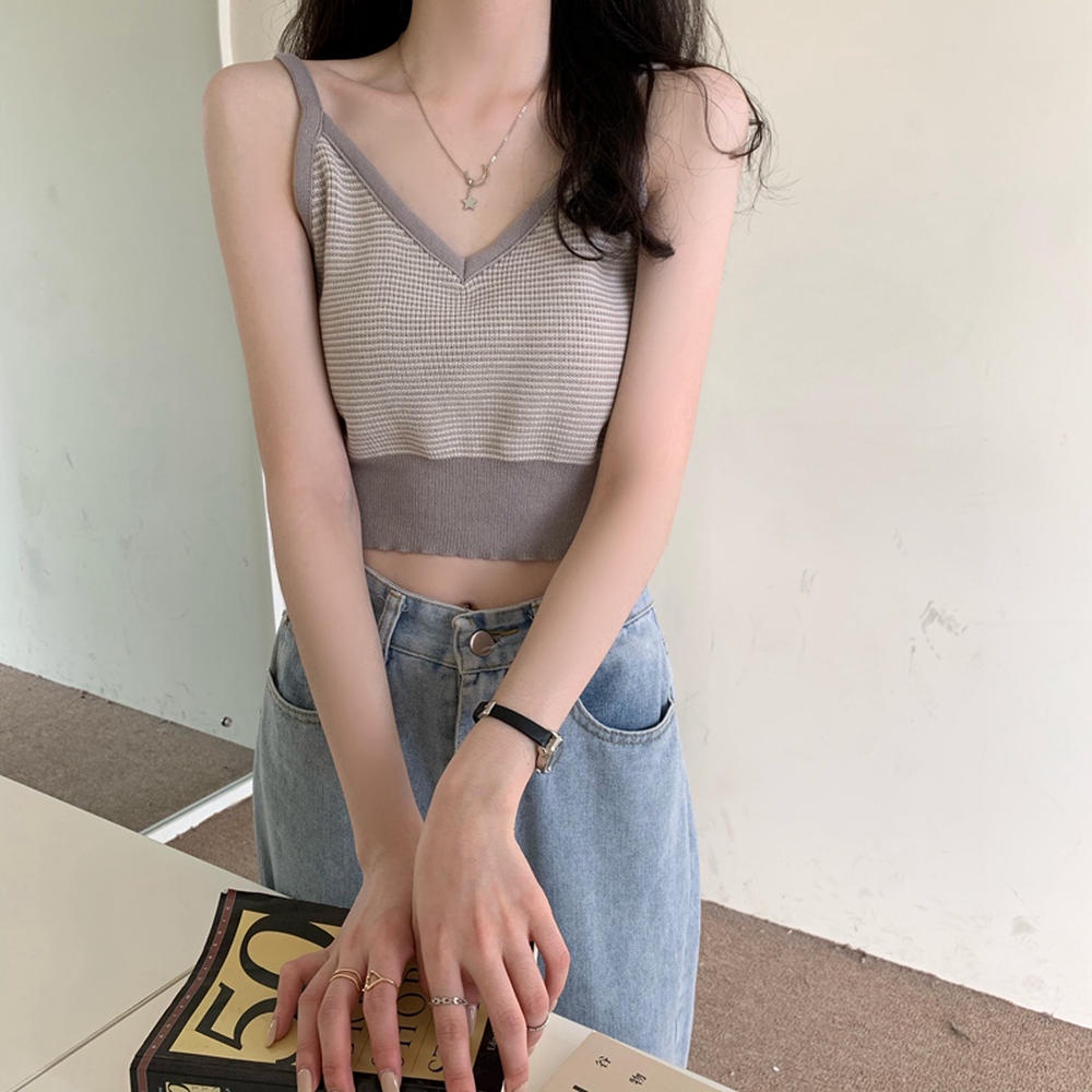 Áo Hai Dây Dệt Kim Cổ Chữ V Họa Tiết Kẻ Sọc Màu Sắc Thời Trang Mùa Hè 50061