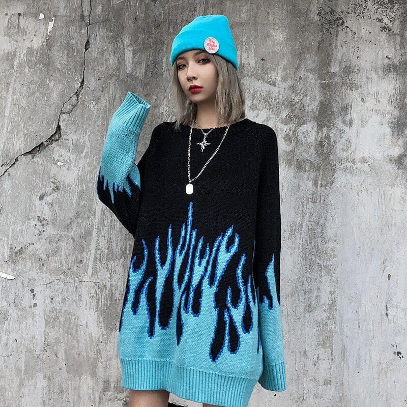 Áo len sweater oversize họa tiết ngọn lửa blue flame