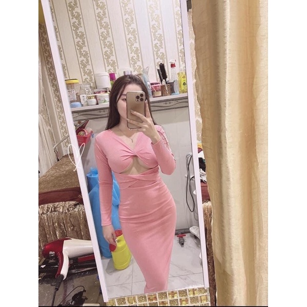 Đầm Cổ V Xoắn Eo Dáng Dài Ôm Body, váy dự tiệc sang chảnh sexy