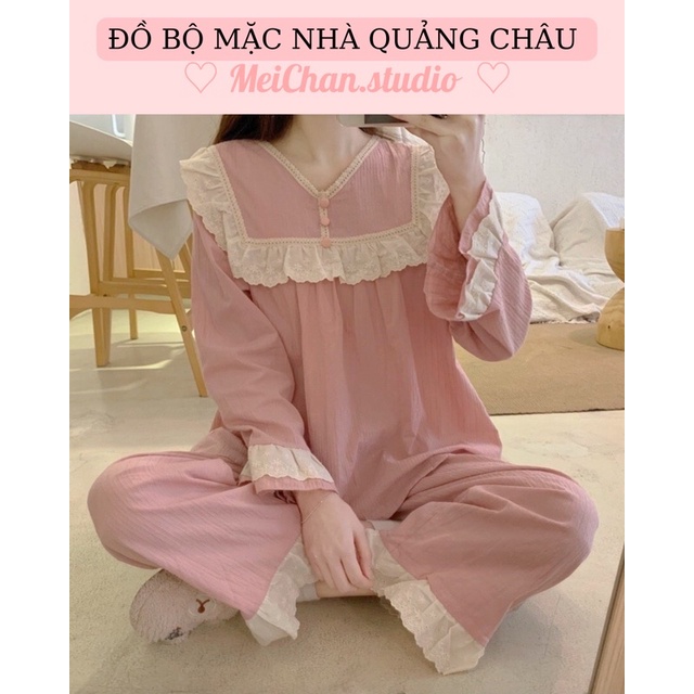 ĐỒ BỘ NỮ MẶC NHÀ tay dài cổ phối bèo viền ren tiểu thư Quảng Châu