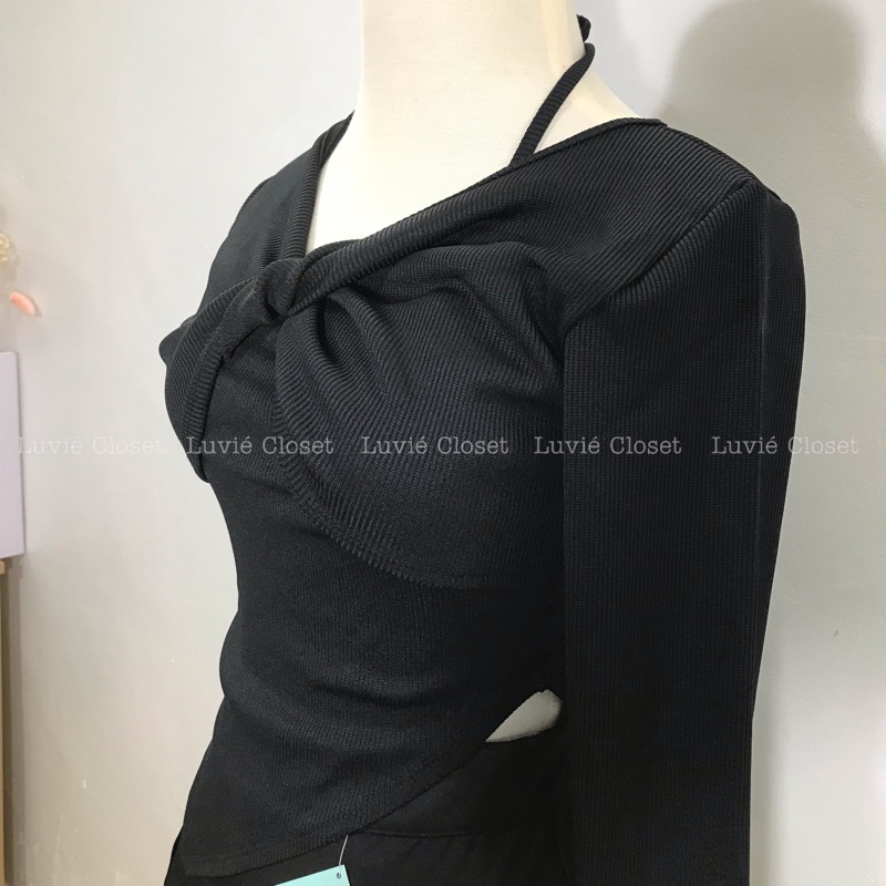 Áo Croptop Nữ Dài Tay Thiết Kế Xoắn Nơ Ngực Cổ Yếm Cột Dây Lưng Lệch Tà Khoét Eo Ôm Body Phong Cách Ulzzang Hàn Quốc