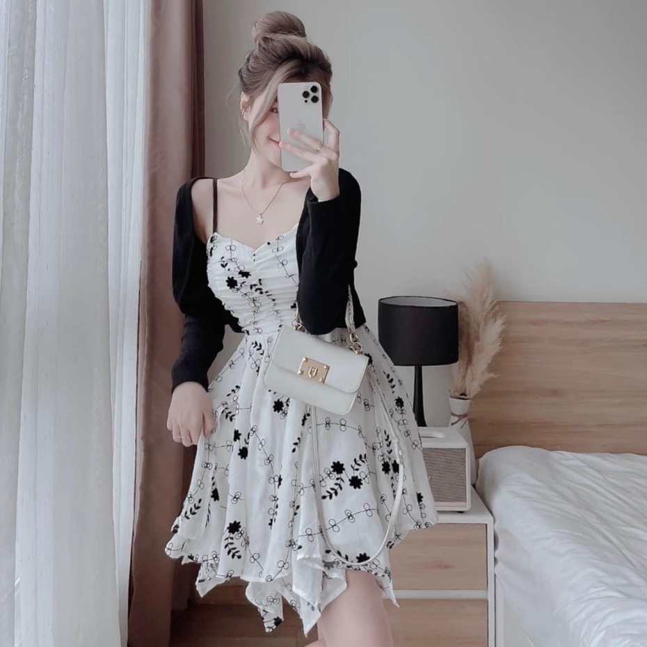 Set váy 2 dây dáng xòe in họa tiết hoa kèm áo khoác đen tay dài sang chảnh thiết kế dự tiệc dạo phố XM đầm Minh Phúc