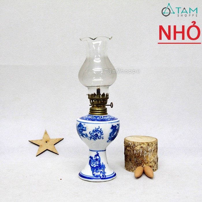 [HÀNG CAO CẤP] Đèn dầu cổ Việt Nam xưa gốm họa tiết Long Phụng xanh