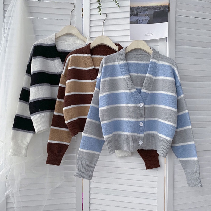Áo Sweater Dệt Kim Mỏng Dáng Rộng Tay Dài Kẻ Sọc Màu Sắc Tương Phản Thời Trang Mùa Thu Cho Nữ
