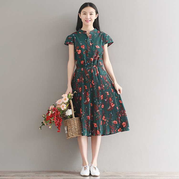 (HÀNG ORDER) Váy xòe xếp li nhỏ hoa nhí cổ nơ