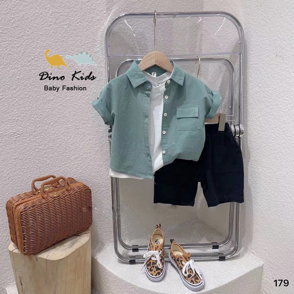 Quần áo cộc tay cho bé trai, set 3 chi tiết: áo sơ mi đũi, quần thô và áo cotton cộc tay cho bé