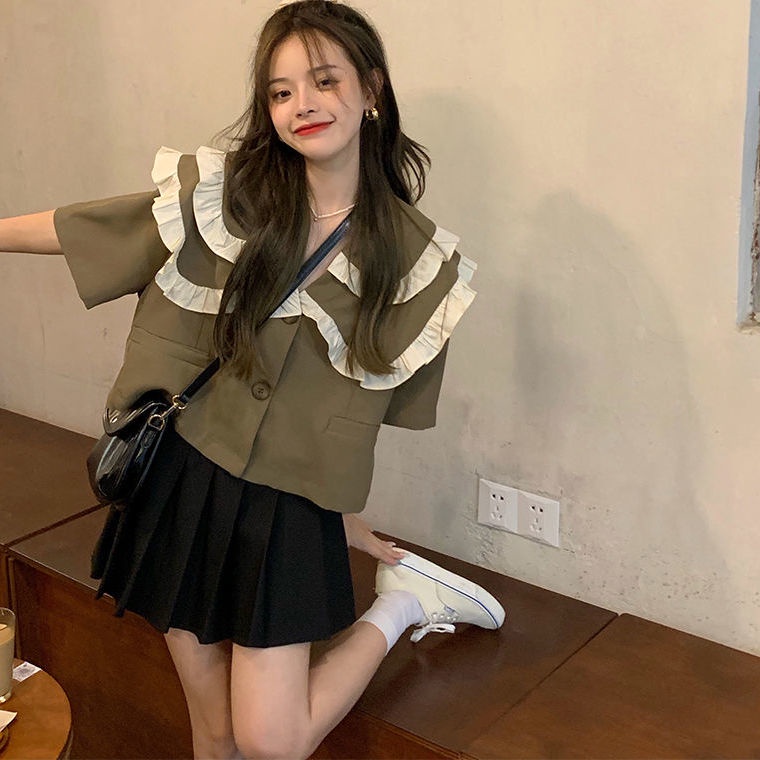Áo sơ mi tay ngắn cổ búp bê dáng rộng thiết kế mới thời trang cho nữ