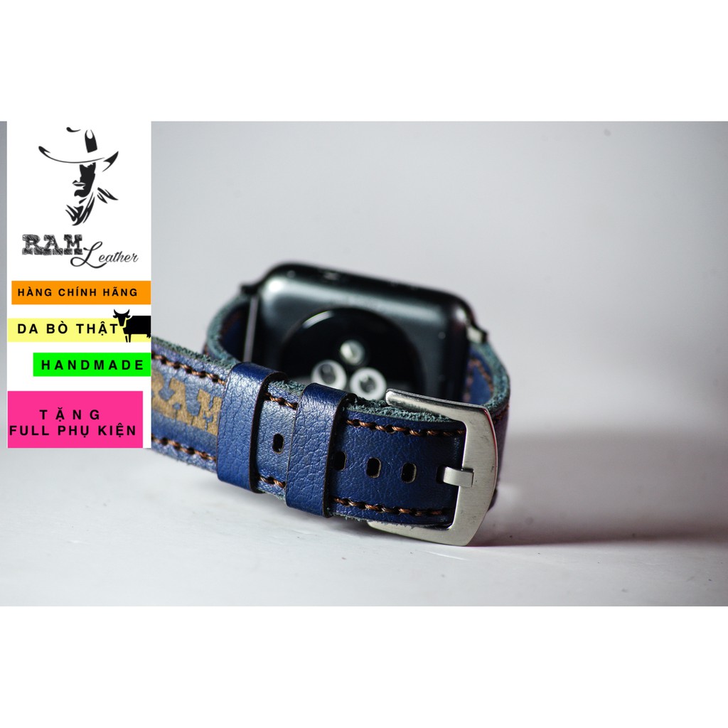 Dây apple watch da bò mill xanh navy RAM Leather classic 1958 handmade bền chắc cực đẹp - Tặng khóa chốt và adapter