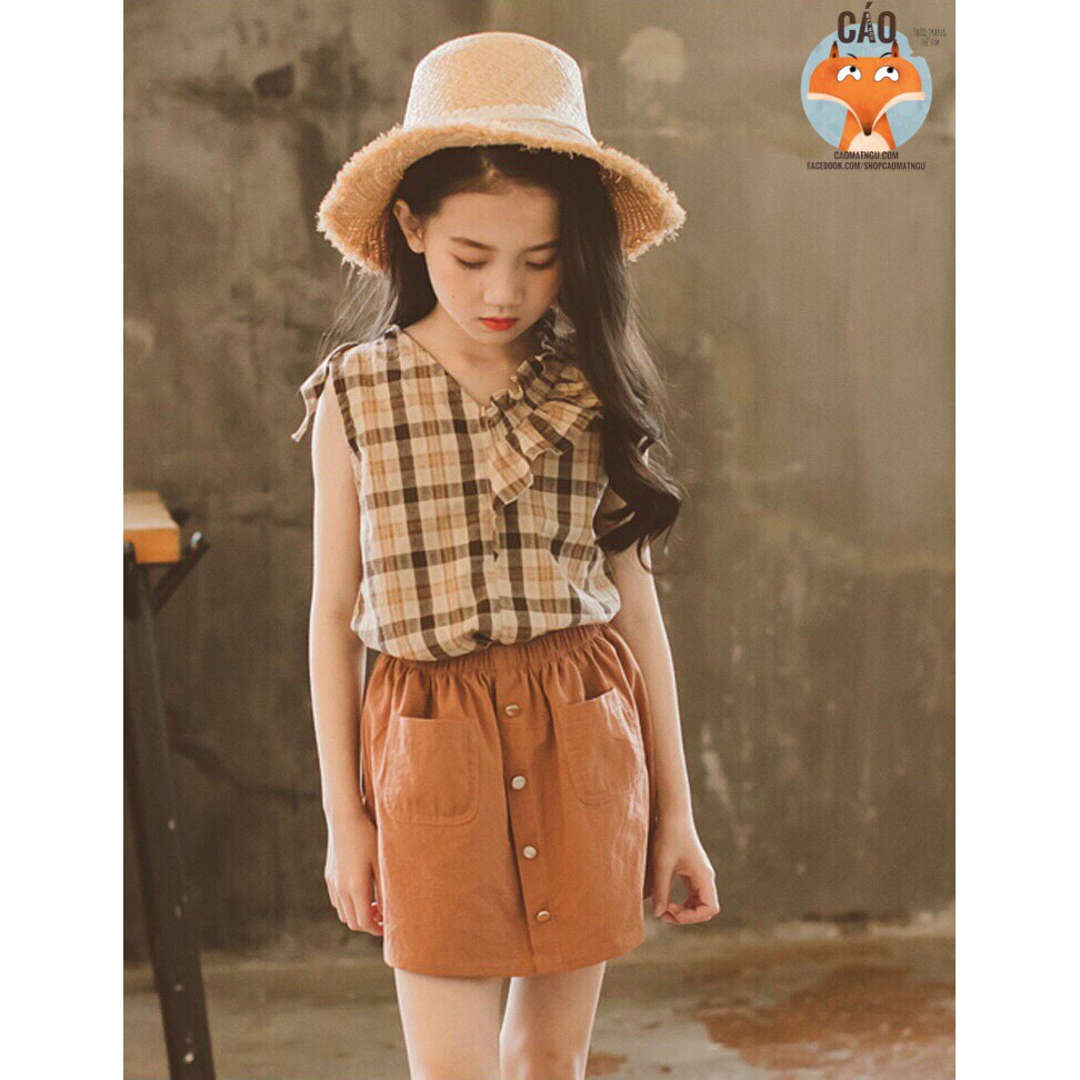 Set áo váy caro cam đất kiểu Hàn Quốc cho bé gái