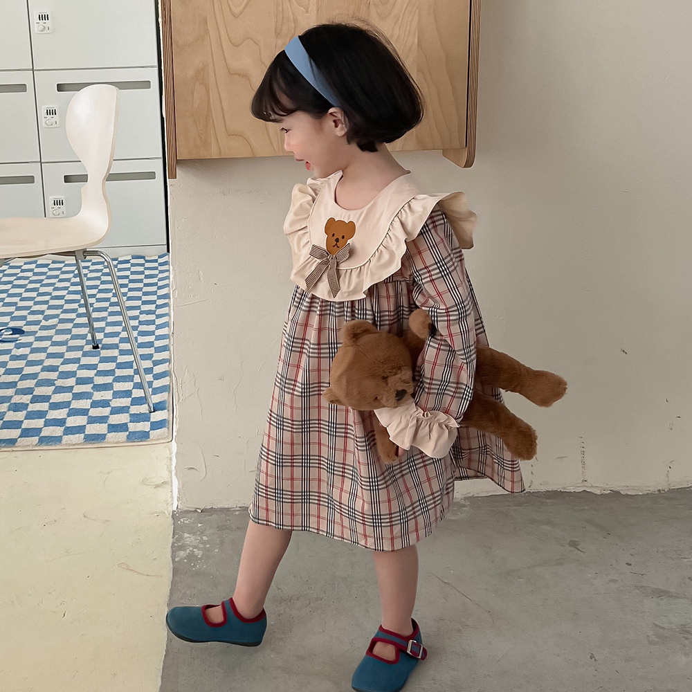 Đầm hoạ tiết burberry thêu gấu xinh xắn cho bé gái size 80-120
